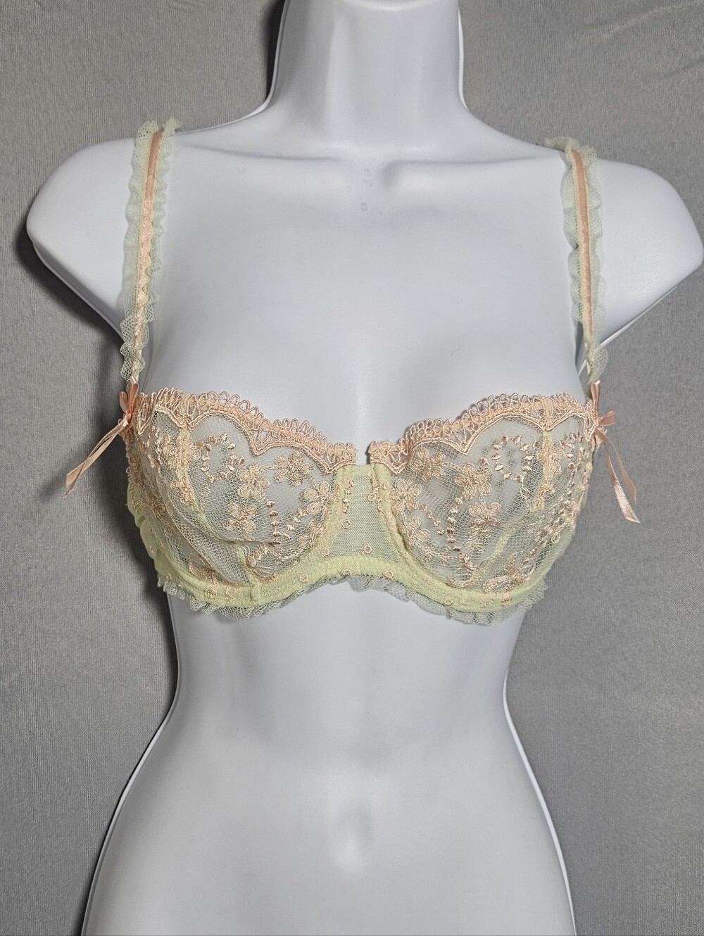 Chantelle Lace Floral Ruffle Bow Coquette Yellow Pink Unlined Demi Bra Size 34C